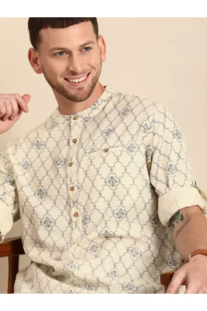 Anouk Men Beige & Navy Blue Ethnic Printed Kurta with Pyjamas