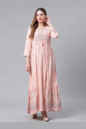 Rangriti Women Peach-Coloured Floral Tie-Up Neck Maxi Dress