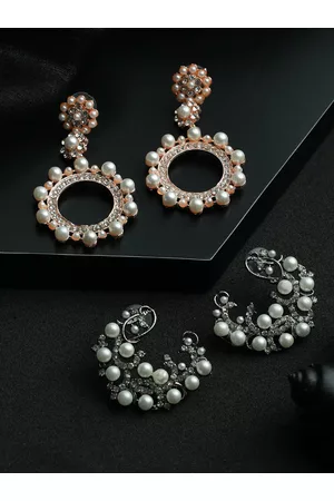Priyaasi Silver-Toned Set of 2 Pearl Studded Drop Earrings