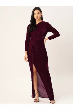 DODO & MOA Women Burgundy Velvet Finish Solid High-Slit Wrap Maxi Dress