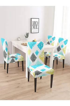 Cortina Set Of 4 White & Blue Printed Removable Chair Slip Covers