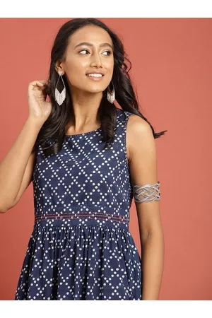 Taavi Women Indigo Hand Block Printed Fit & Flare Dress with Gathers