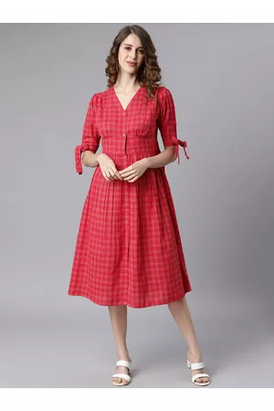 Janasya Women Red Checked A-Line Midi Dress
