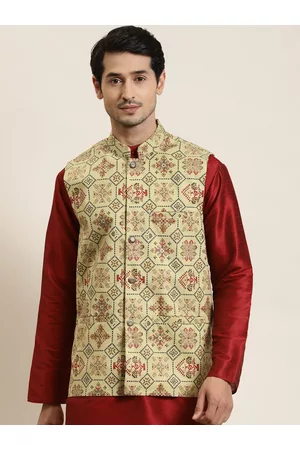 SOJANYA Men Olive Green Ethnic Motifs Printed Nehru Jacket