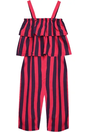 A.T.U.N. A T U N Girls Pink & Navy Blue Striped Basic Jumpsuit with Ruffles