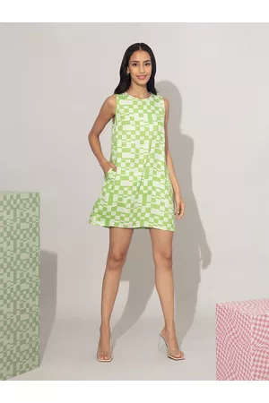 20Dresses Green & Off White Geometric Printed A-Line Short Dress