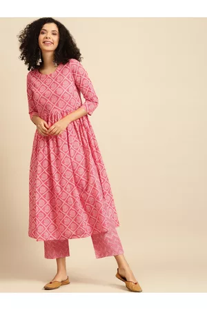 anayna Women Pink & White Bandhani Printed Kurta with Trousers