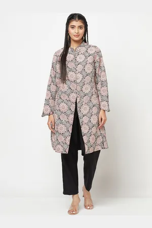 Fabindia Women Black & Beige Floral Longline Cotton Tailored Jacket