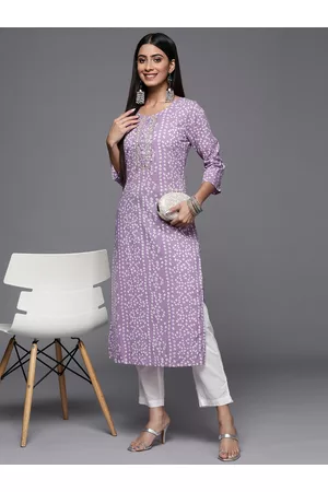 Varanga Women Lavender & White Bandhani Printed Gotta Patti Cotton Straight Kurta