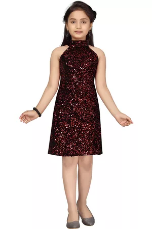Aarika Girls Red & Black Sequin Embellished Halter Neck Net A-Line Dress