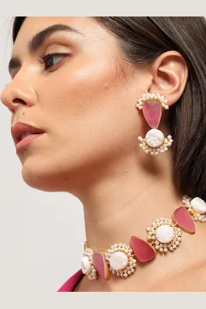 SOHI Pink & White Gold-Plated Stones & Beads Studded Jewellery Set