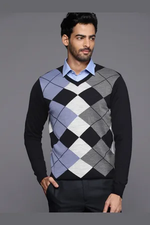Louis Philippe Men Navy Blue & Grey Argyle Pattern Pullover