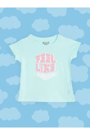 Gini and Jony Girls Blue & Pink Pure Cotton Typography Print T-shirt