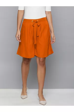 Chemistry Women Rust Orange Solid Regular Fit Pleat Front Regular Shorts With Tie-Ups