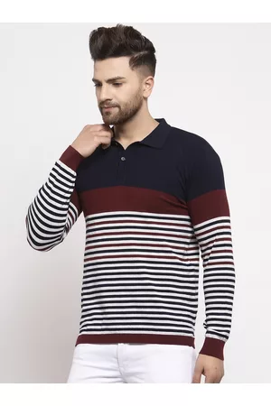 Kalt Men Maroon Striped Polo Collar T-shirt
