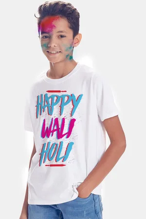BONKIDS Boys White & Blue Printed Happy Wali Holi T-shirt