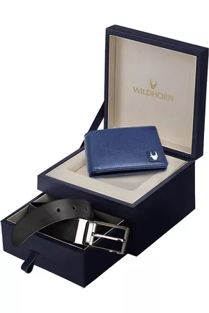 WildHorn Men Blue & Black RFID Protected Genuine Leather Accessory Gift Set