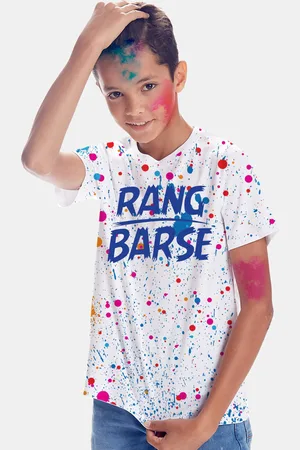 BONKIDS Boys White & Blue Typography Printed Cotton Holi T-shirt