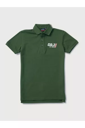 Gini and Jony Boys Olive Green Solid Polo Collar Cotton T-shirt