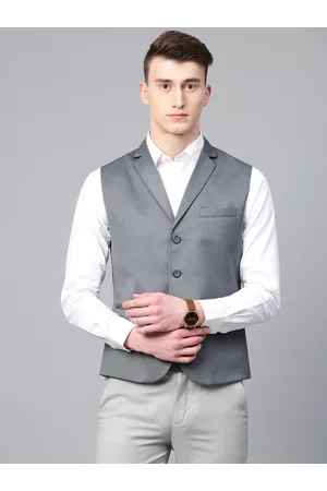MANQ Men Grey Solid Slim Fit Woven Formal Waistcoat