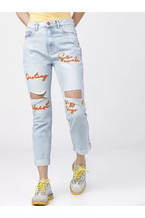 Tokyo Talkies Women Blue Boyfriend Fit Mid-Rise Mildly Distressed Jeans