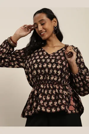 Taavi Women Black & Beige Bagru Printed Pure Cotton Wrap Top