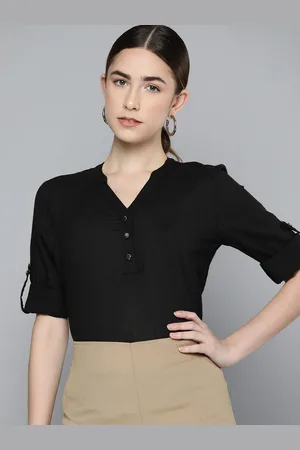 Chemistry Women Black Solid Pure Cotton Mandarin Collar Top