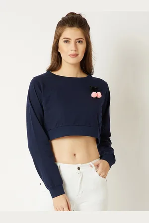 Miss Chase Women Navy Blue Solid Crop Pure Cotton Top
