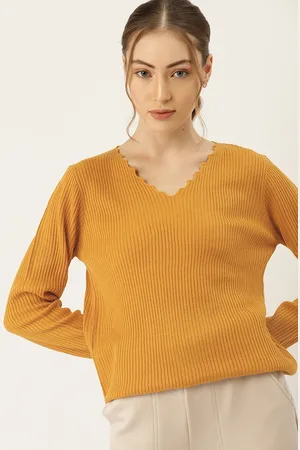 DressBerry Women Mustard Yellow Self Striped Acrylic Pullover Sweater