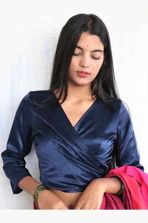 Chidiyaa Women Blue Wrap Crop Top-Type Silk Saree Blouse
