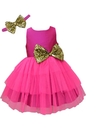 A.T.U.N. Girls Fuchsia Bow Embellished Net Fit & Flare Dress with Headband