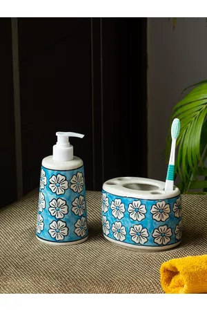 ExclusiveLane Set Of 2 Blue White Floral Printed Ceramic Bathroom Accessories Set