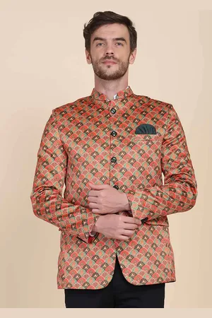 Tahvo Men Orange Printed Slim-Fit Single Breasted Casual Blazer