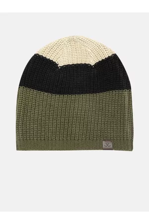 WROGN Unisex Olive Green & Black Colourblocked Acrylic Beanie