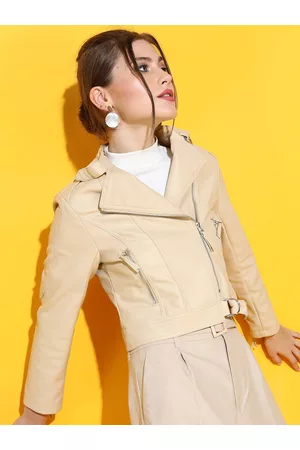 Tokyo Talkies Women Beige Crop Biker Jacket