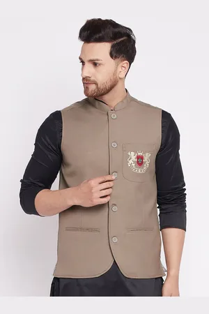 Even Men Beige Solid Woven Nehru Jackets