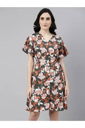 Campus Olive Green & Pink Floral Printed Gathered Dress