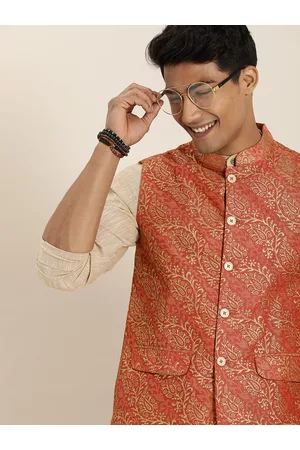 Taavi Men Orange & Gold Kanchi Print Nehru Jacket