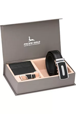 Pacific Men Black & Silver-Toned Genuine Leather Accessory Gift Set