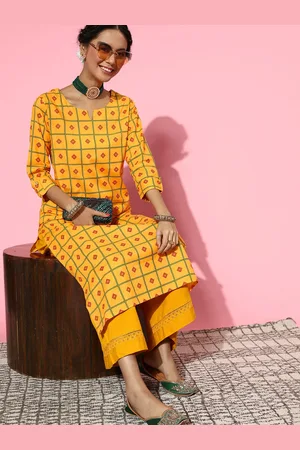 Blissta Women Mustard Cotton Print Parade Kurta
