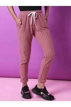 Campus Women Peach-Coloured & Black Striped Track Pants