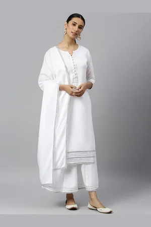 Khushal K Women White Yoke Design Kurta with Trousers & With Dupatta