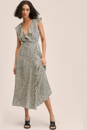 MANGO Women White & Black Polka Dots Print Ruffles Waist Tie-Up Midi Wrap Dress