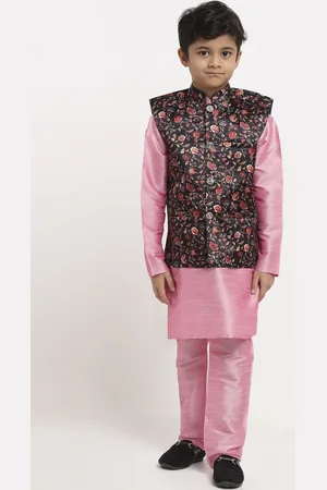 Kraft Boys Pink Floral Dupion Silk Kurta with Pyjamas & Nehru Jacket