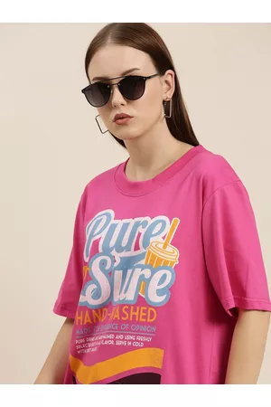 Difference of Opinion Women Pink Printed Pure Cotton Loose Pure Cotton T-shirt
