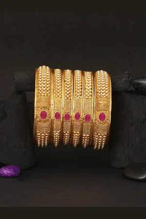 Adwitiya Collection Set Of 6 24 CT Gold-Plated Red Stone Studded Handcrafted Bangles