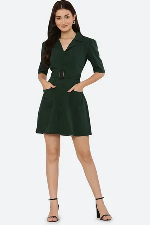RAASSIO Women Green Solid Crepe Mini Dress