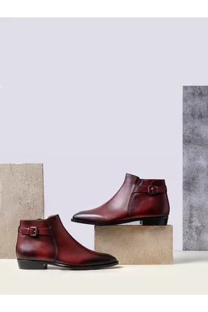 SAINT G. Men Red Textured Ankle-Length Leather Boots
