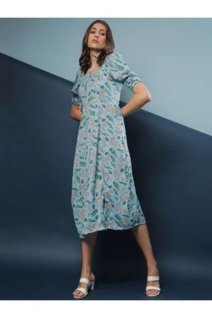 Campus Blue & Green Floral A-Line Midi Dress