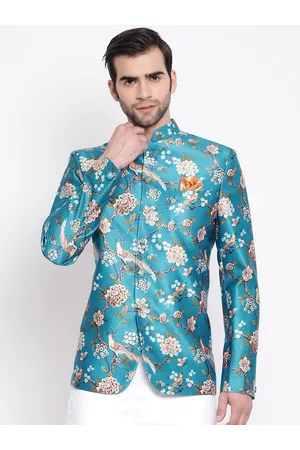Vastramay Men Turquoise Blue & Beige Printed Bandhgala Blazer
